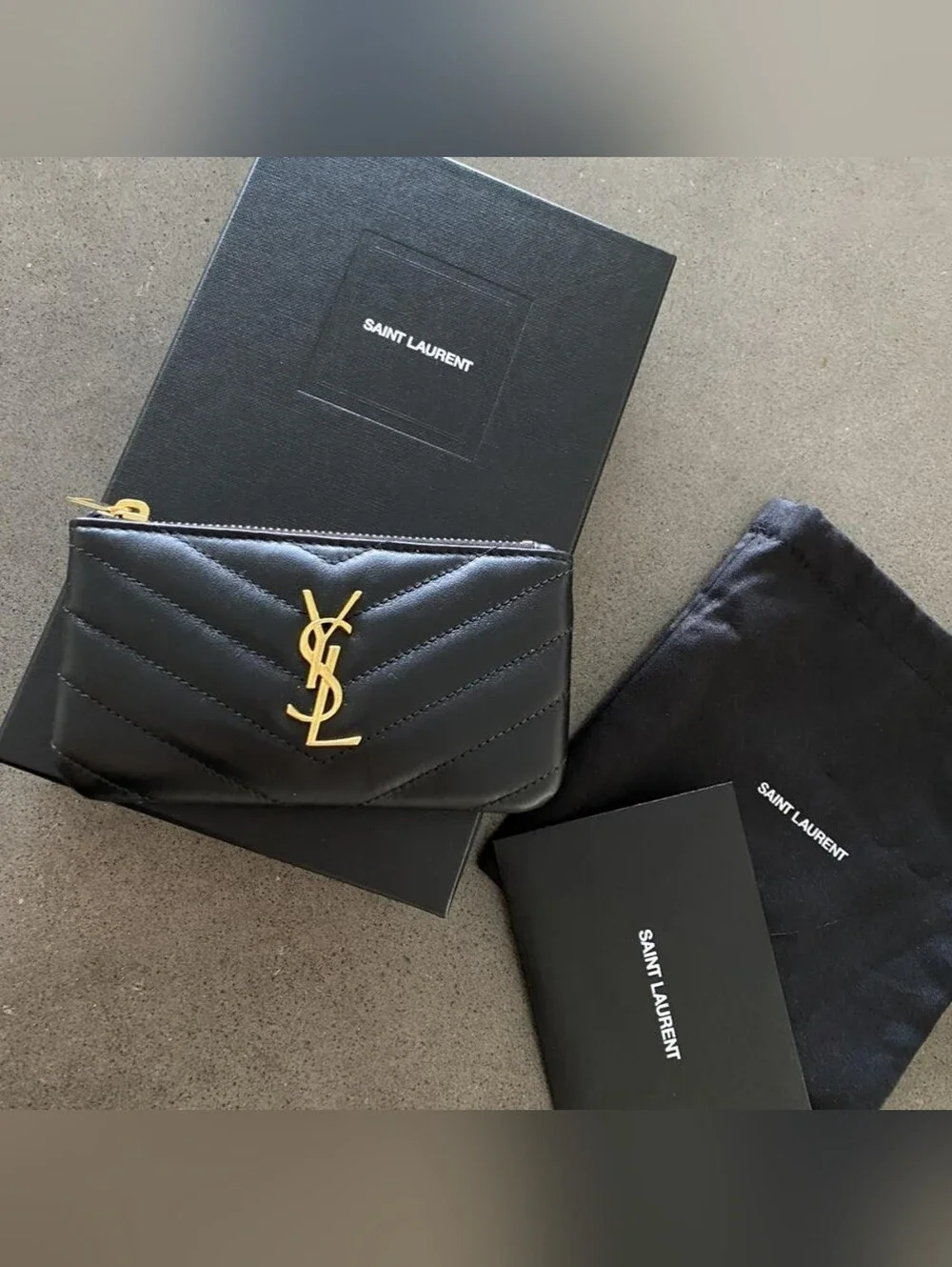 Saint Laurent Cassandre Quilted Black Key Pouch with Gold Hardware